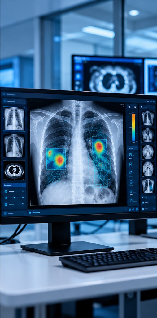 Medical imaging workstation displaying a chest X-ray with AI analysis overlays